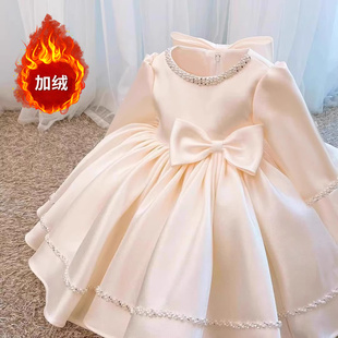 儿童礼服小女孩公主裙秋冬女童礼服裙香槟色婚纱花童演出宝宝周岁