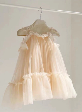 宝贝粉红色儿童小女孩吊带连衣裙烟灰女童背心网纱蓬蓬裙白色