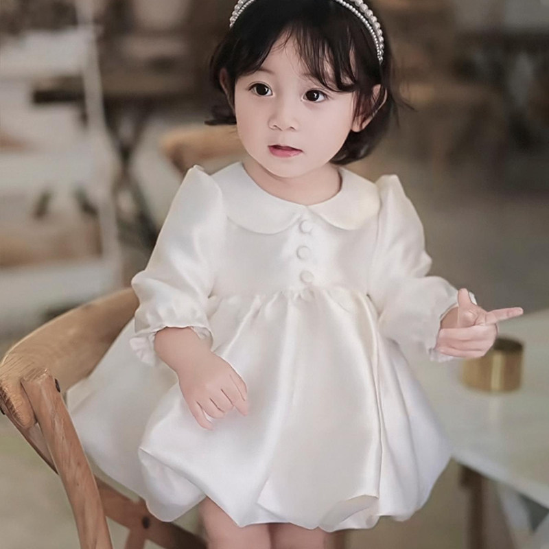 女宝宝周岁抓周礼服秋冬新款白色花童礼服洋气蓬蓬公主裙长袖加绒