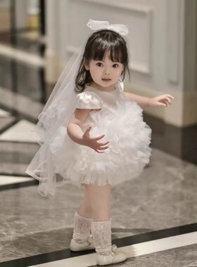 白色女童周岁生日抓周服小花童婚纱礼服女公主裙夏季礼服蓬蓬裙
