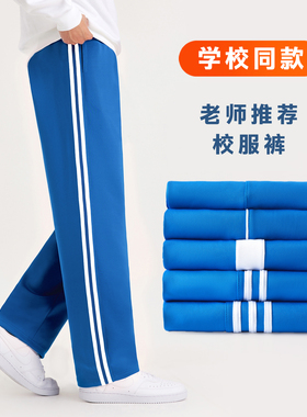 浅宝蓝色校服裤子同款小学初高中生春秋冬季加绒厚儿童一条两道杠