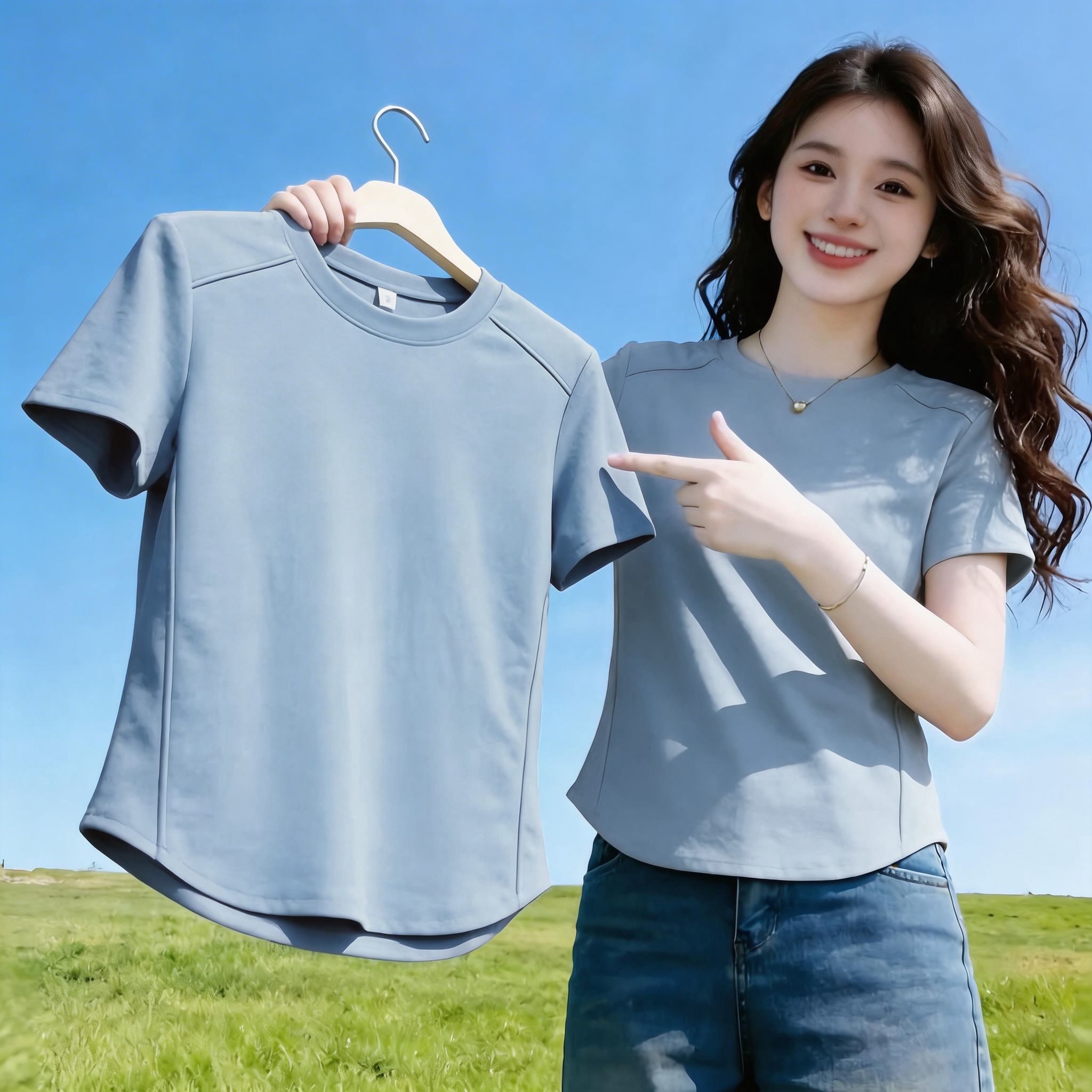 100%纯棉纯色鱼骨短袖T恤女T恤