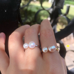 双珠戒指纯银开口天然淡水大小双色真珍珠指环S925可调节百搭时尚