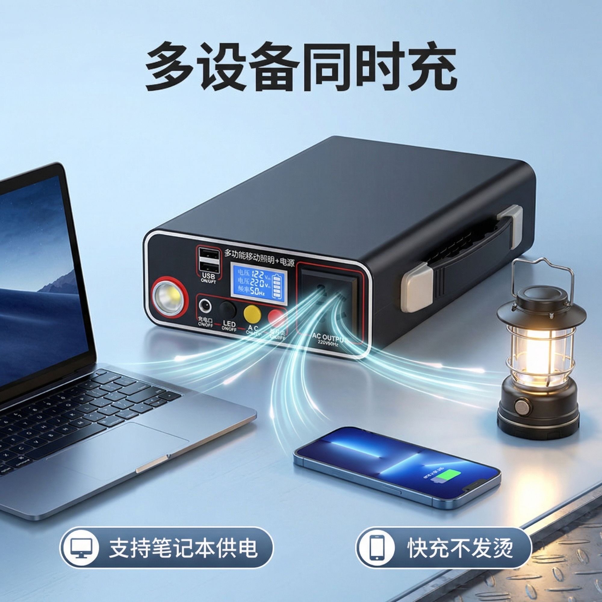 户外移动电源220v大容量锂电池手机照明车载应急便携摆摊带插座图片