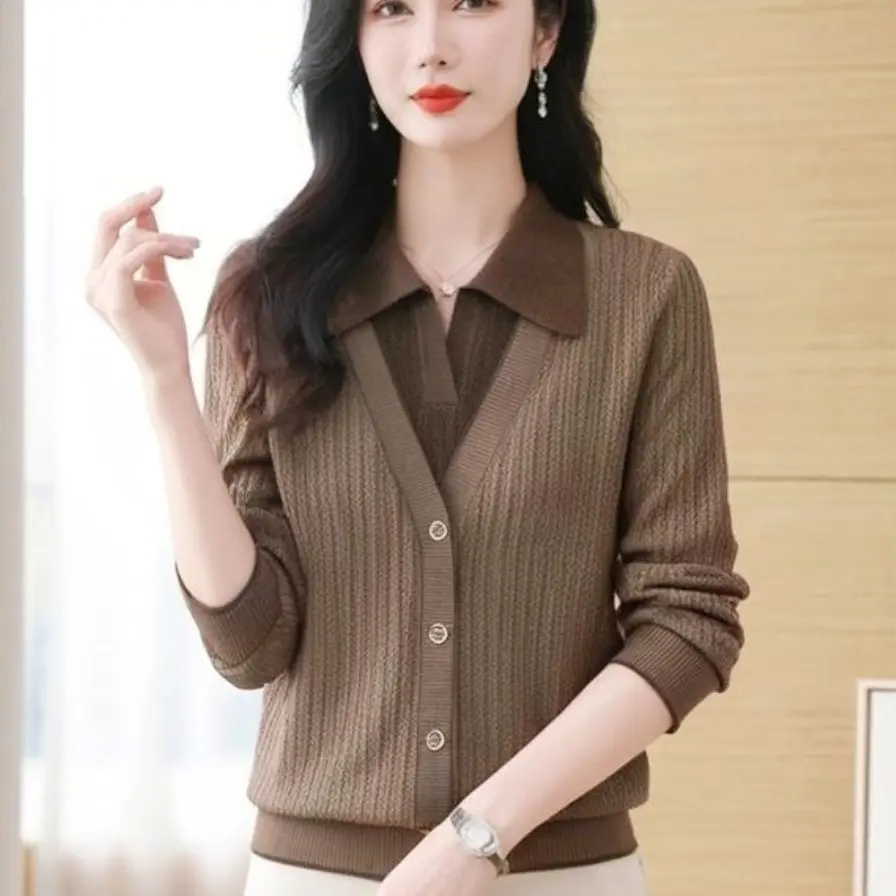 2025新款秋冬韩版假两件针织开衫女早春新款高级感修身显瘦毛衣