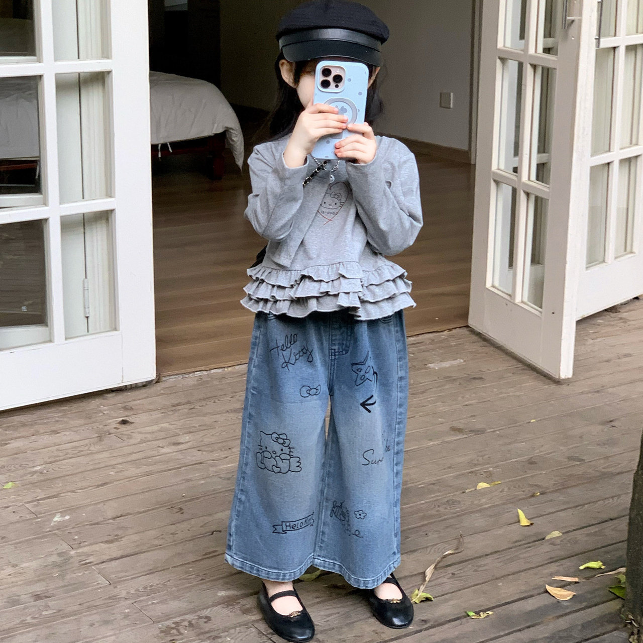 女童假两件木耳边T恤印花牛仔
