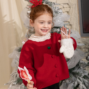 25秋冬季新款韩版女童红色彩色扣子针织毛衣开衫外套可内搭外穿潮