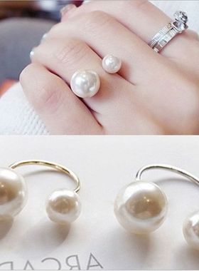 戒指韩国珍珠女 夸张大小开口指环戒指J588  极简珍珠 双戒指
