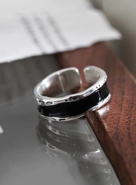 简约 时尚滴食指戒指设计釉高级感旭日开口个性黑色女小众戒子潮