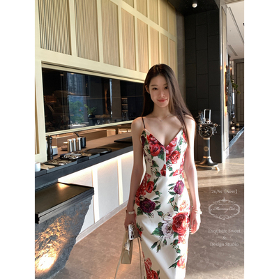法式复古印花吊带包臀连衣裙