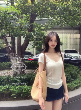 Mummy Cat下蛋喵【恋语织物】古早美女v领镂空微透显瘦针织T恤