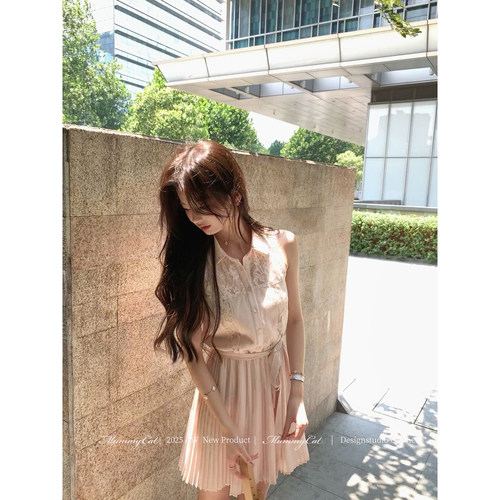 Mummy Cat 下蛋喵【温柔记忆】醋酸蕾丝少女百褶无袖衬衫连衣裙