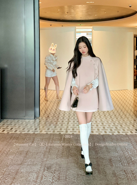 MummyCat下蛋喵【富家小女】日系千金风立领绑带斗篷大衣毛呢外套