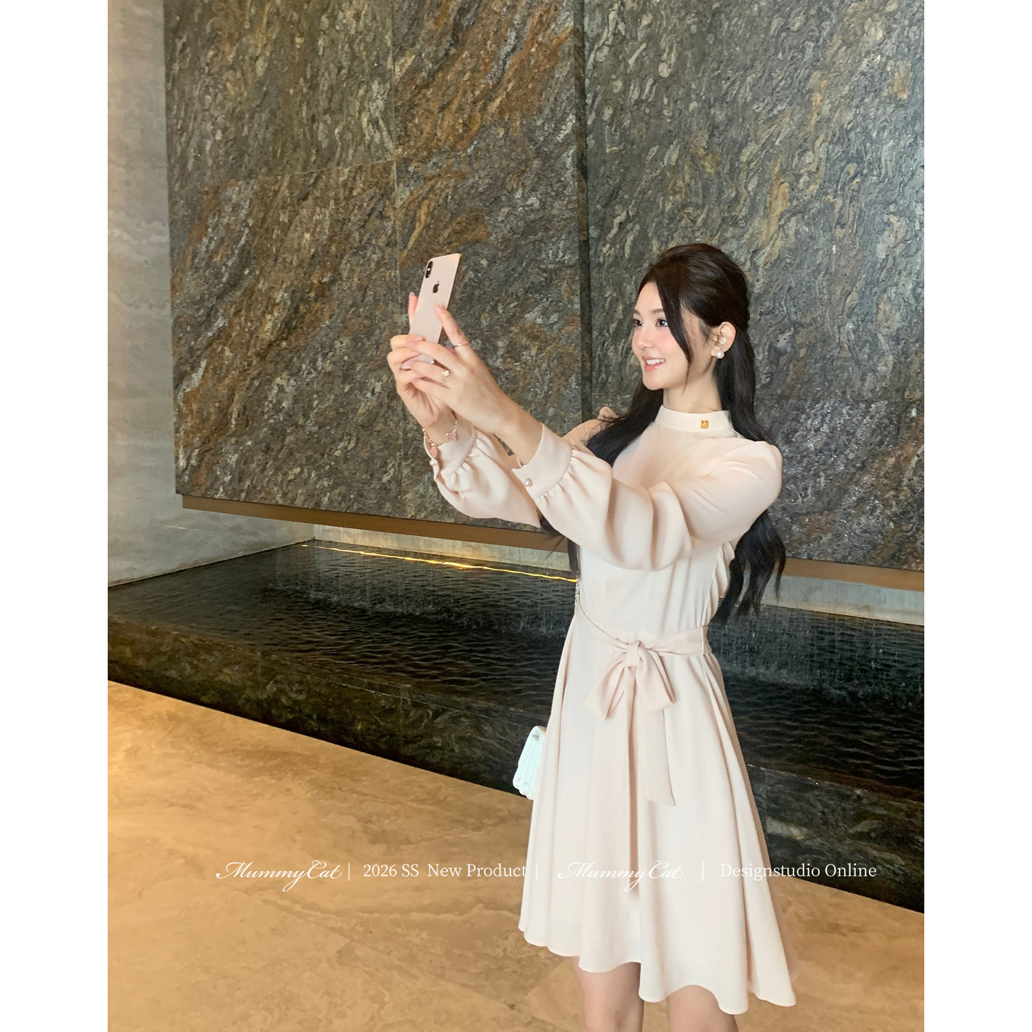 MummyCat下蛋喵【微风情书】26新品温柔知性气质长袖系带连衣裙