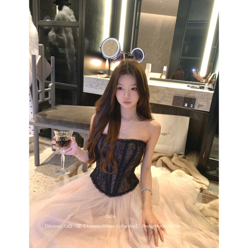 黑色珠片蕾丝鱼骨绑带抹胸胸衣