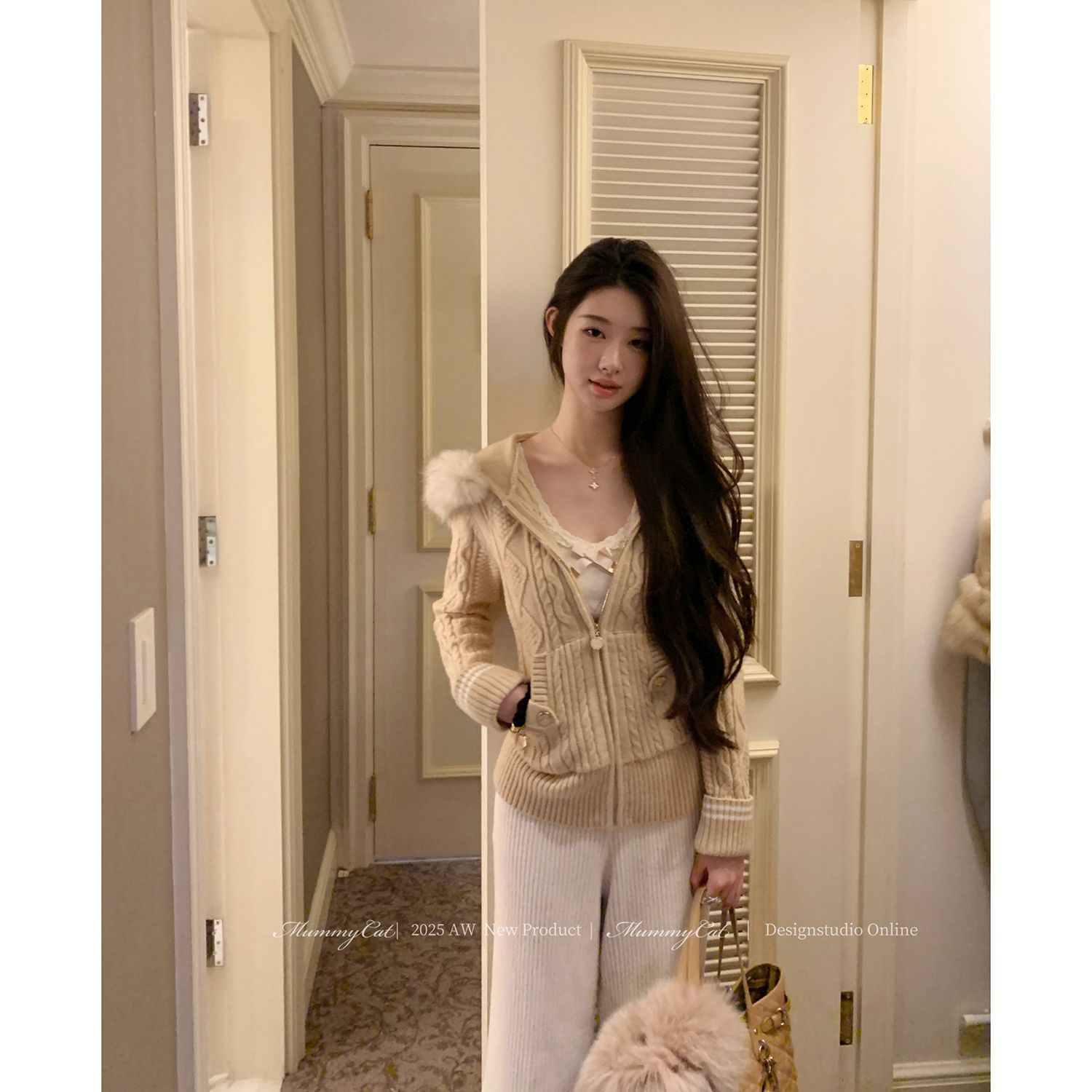 古早氛围连帽毛领针织毛衣外套