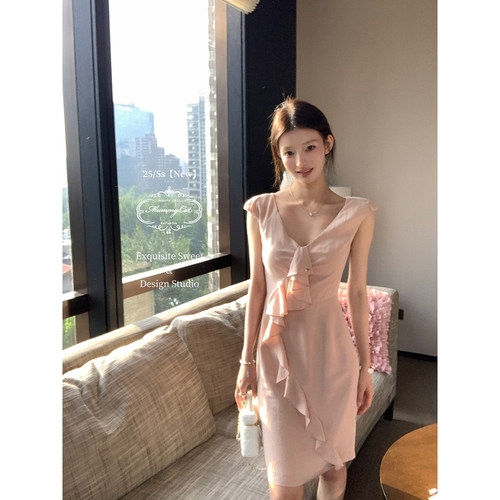 亚麻tian丝荷叶边收腰包臀连衣裙