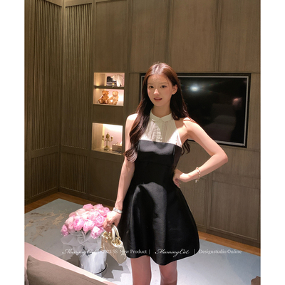 黑白撞色衬衫拼接无袖礼服连衣裙