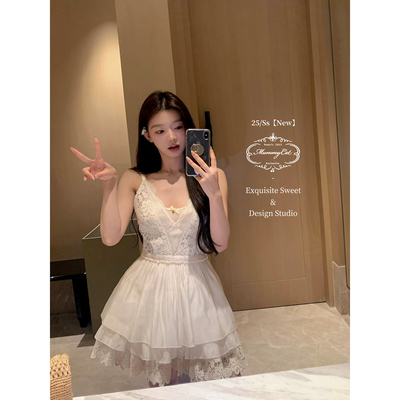 中古蕾丝绣花镂空V领花边连衣裙