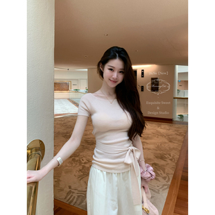 MummyCat下蛋喵【初见心动】26新品31绵羊毛修身系带针织短袖上衣