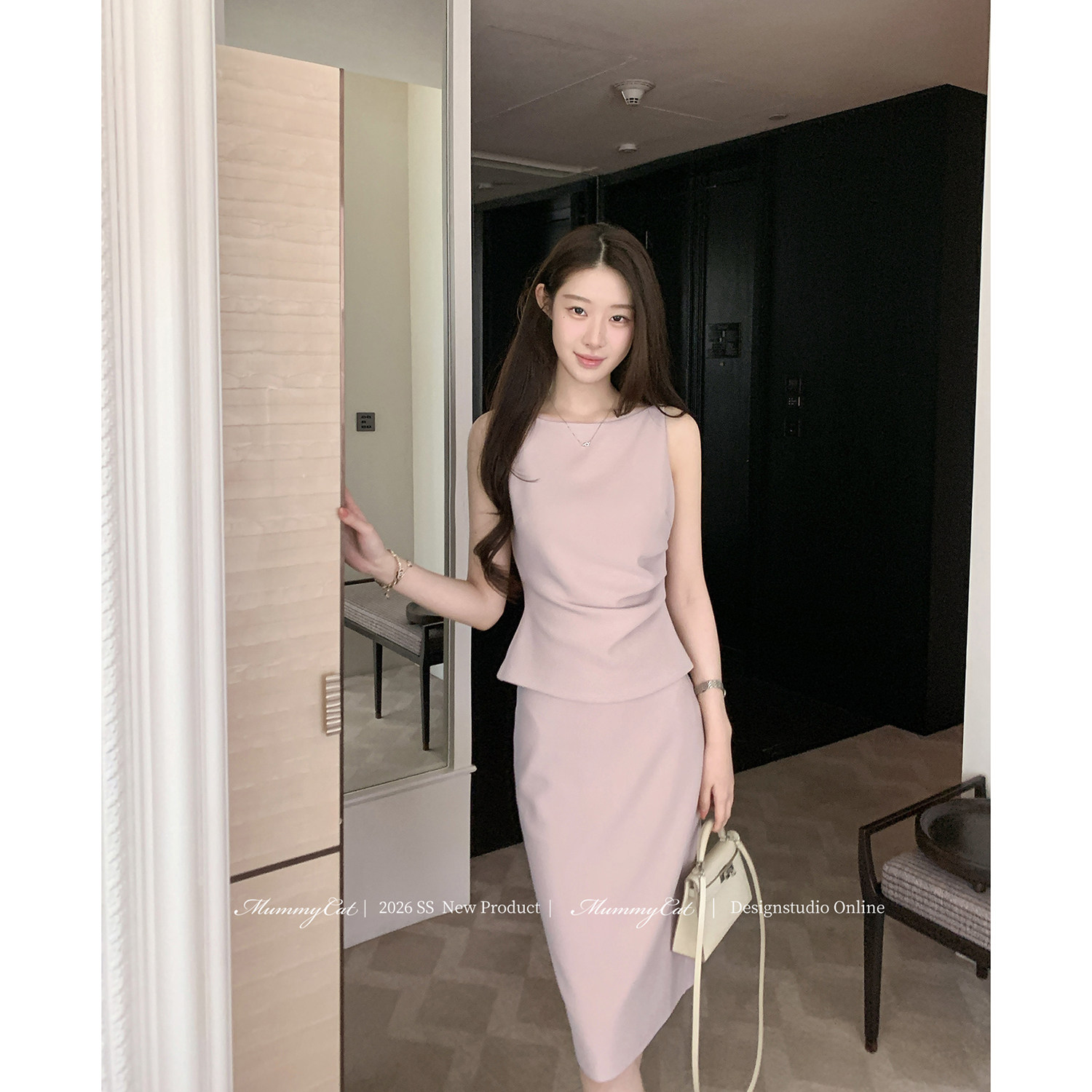 Mummy Cat下蛋喵 26新品气质通勤肌理乱麻弹力针织修身包臀套装 - 实物图