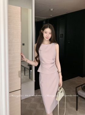 Mummy Cat下蛋喵 26新品气质通勤肌理乱麻弹力针织修身包臀套装