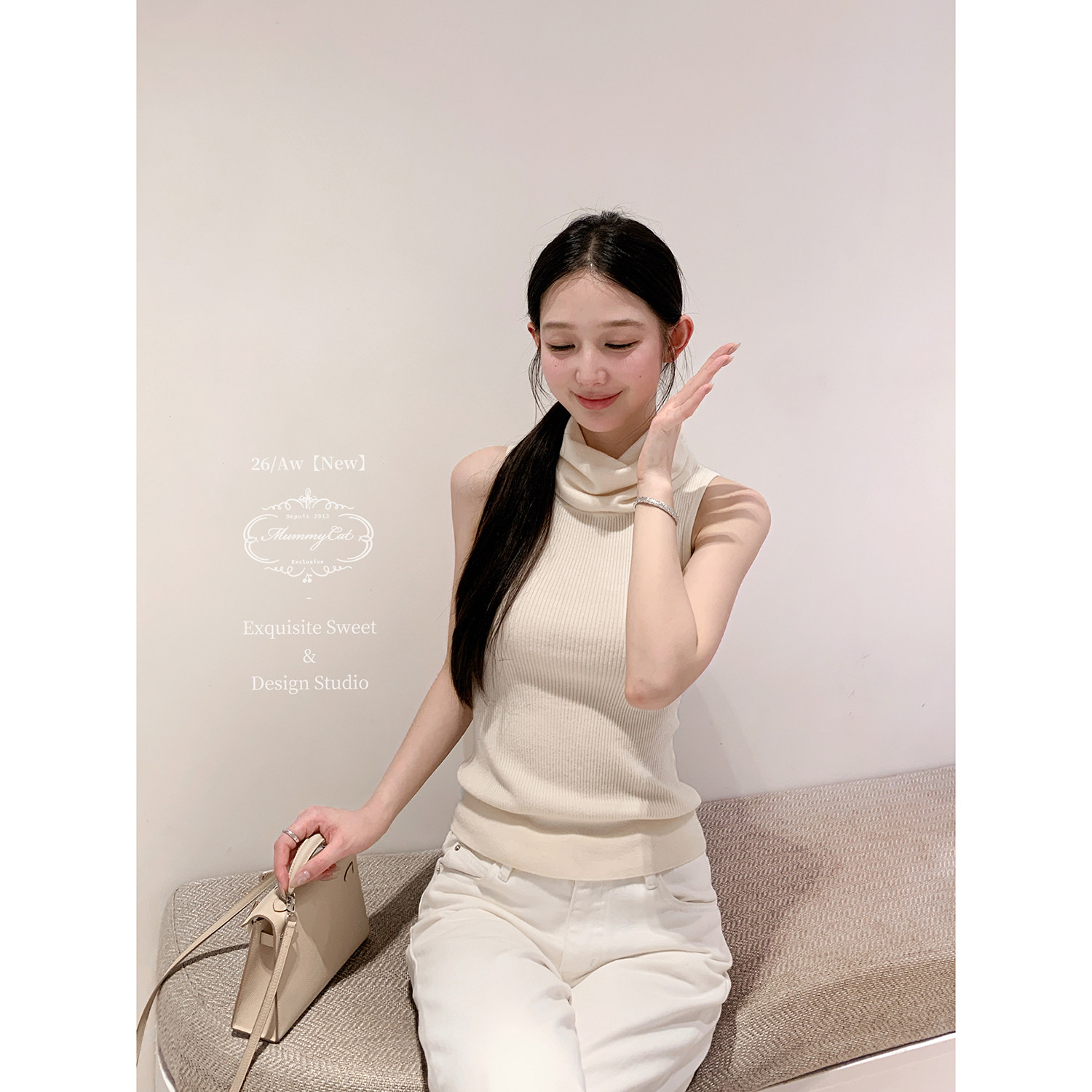 Mummy Cat 下蛋喵 26新品绵羊毛混纺堆堆领无袖针织背心上衣