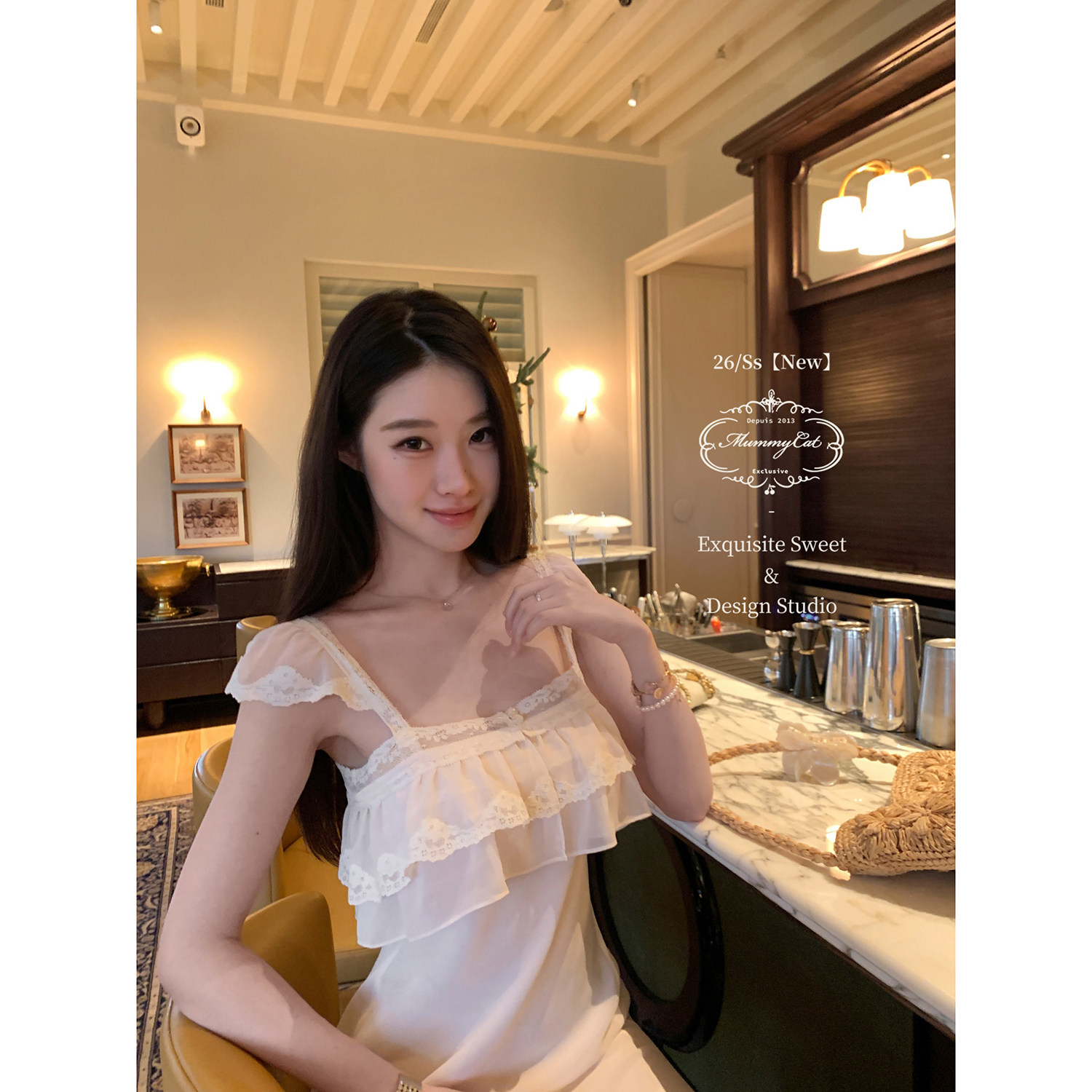 Mummy Cat 下蛋喵【花花日记】26新品斜裁雪纺皱蕾丝拼接连衣裙
