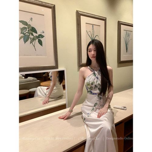Mummy Cat下蛋喵【草木香气】26新品100人丝印花拼接缎面连衣裙