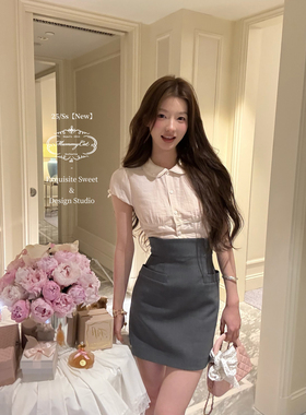 Mummy Cat下蛋喵 粉色日系甜美薄透娃娃领收腰短袖衬衫上衣