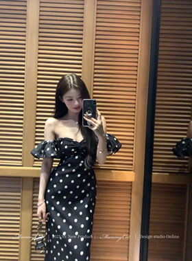 Mummy Cat 下蛋喵【球花】优雅复古黑白波点抹胸丰胯生日礼服长裙