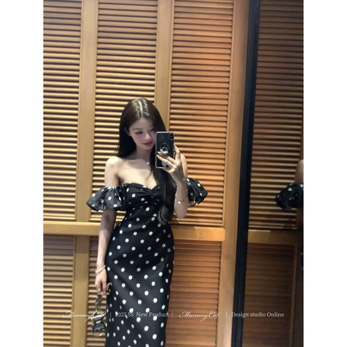 优雅复古波点抹胸包臀礼服长裙