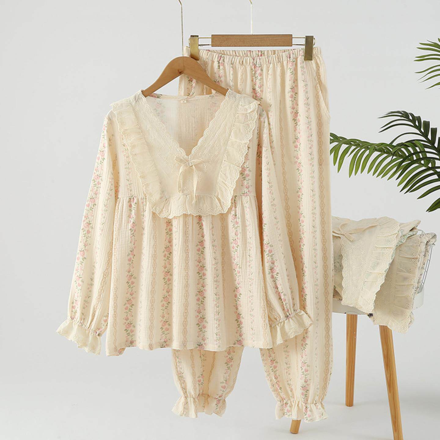 睡衣女秋季纯棉套头圆领蕾丝花边长袖长裤家居服宽松大码甜美