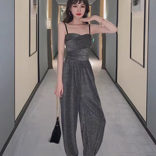 2019网红高腰萝卜裤银色阔腿束脚女裤大码抖动闪光亮丝灯笼休闲裤