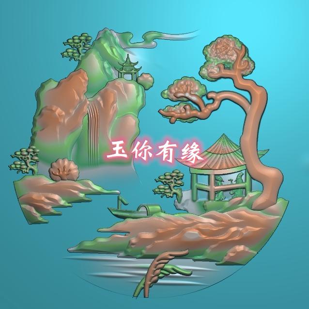圆山水精雕图jdp灰度图b浮雕图玉雕山水人物钓鱼瀑布亭台风景李白