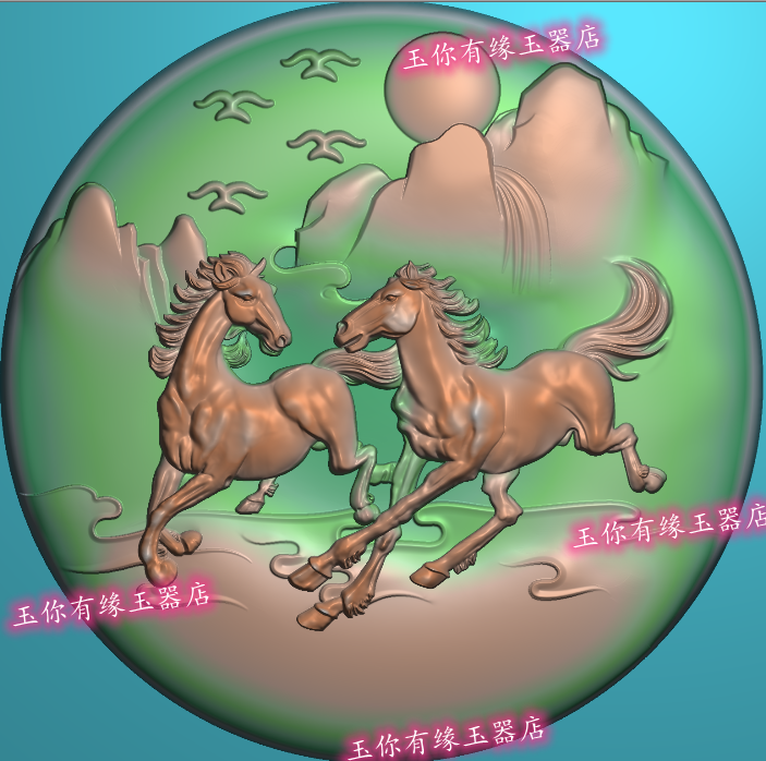 新款圆形双马奔腾马两匹马山水圆牌玉雕挂件图浮雕图精雕图jdp