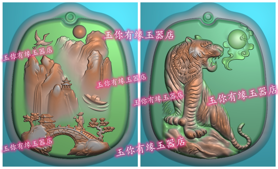 精雕图jdp老虎生肖山水人物松树上山虎猛虎浮雕玉雕双面虎虎生威