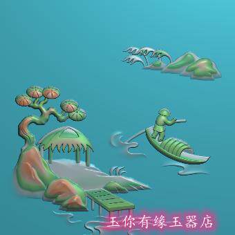 玉雕山水人物弯石桥船带线 精雕图 雕刻图 JDP浮雕图 8922山水