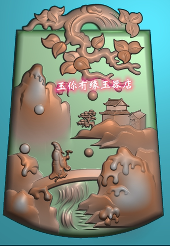 山水牌高山流水李白迎客松精雕图玉雕p灰度图bmp浮雕图电脑