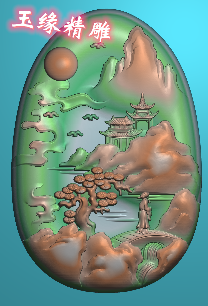 厚装山水人物房子精雕图山水牌子玉雕灰度图浮雕木雕 jdp电脑雕刻