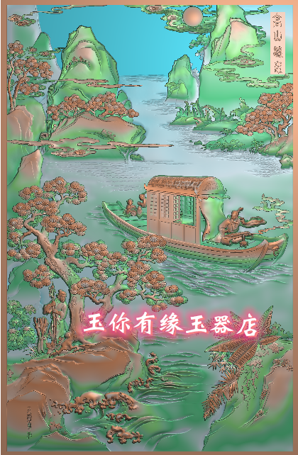 山水人物精雕图松树帆船 高山流水灰度图jdp山水风景