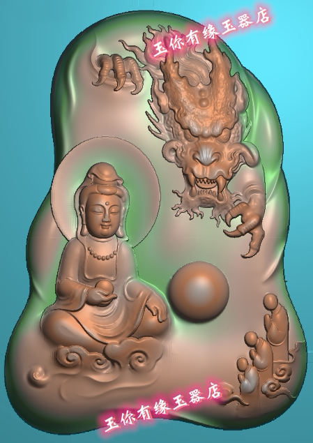 随型降龙观音大头龙无相佛拜坐观音挂件精雕图浮雕玉雕灰度雕刻图