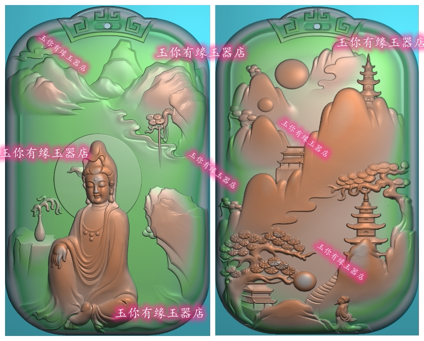 山水风景瀑布坐观音挂件精雕图浮雕玉雕双面高山流水人物电脑雕刻