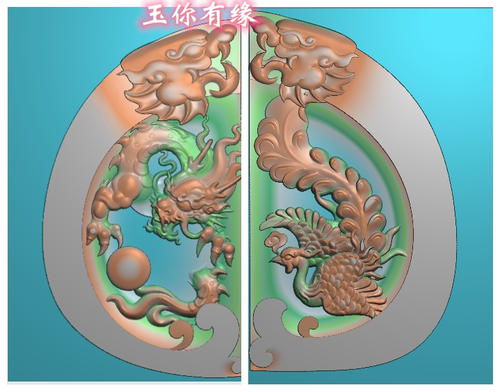 龙牌凤凰圆牌精雕图 灰度图bmp浮雕图玉雕圆龙凤对牌仿古双龙头