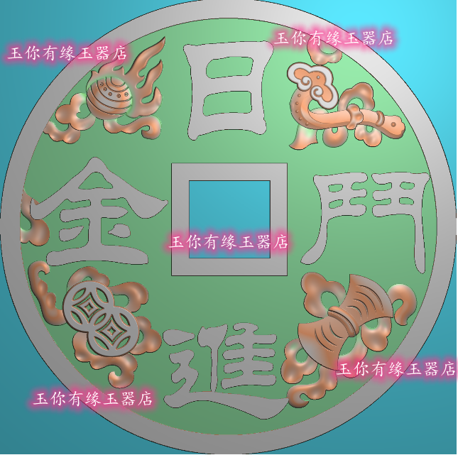日进斗金精雕图 铜钱玉雕挂件摆件浮雕图 灰度图