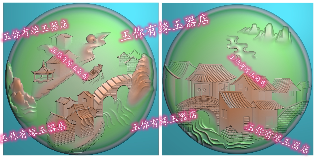 浮雕图玉雕圆牌山水双面精雕图jdp小桥房子李白江南山水人物仙鹤