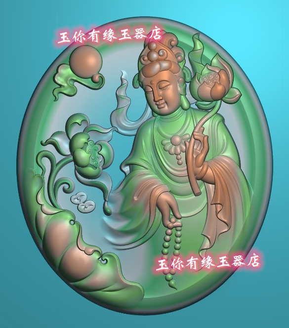 椭圆侧身半身拿莲花自在观音木雕图精雕图浮雕玉雕灰度图jdpbmp