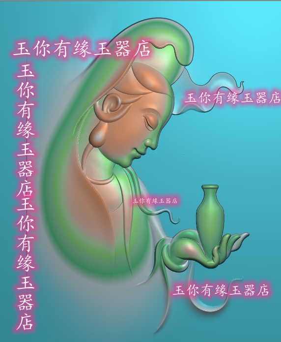 半身观音头拿瓶莲花侧脸菩萨自在玉雕图浮雕图精雕图jdp