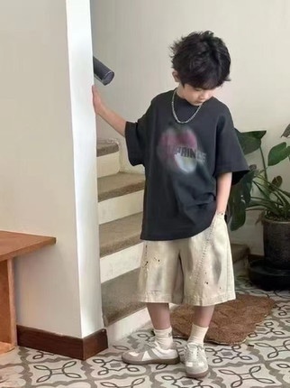 波拉儿童中裤夏季新款韩版喷墨男童牛仔中裤中大童男童五分裤
