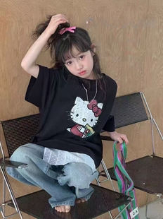 波拉儿童T恤夏季韩版hellokitty女童短袖T恤纯棉黑色女童半袖上衣